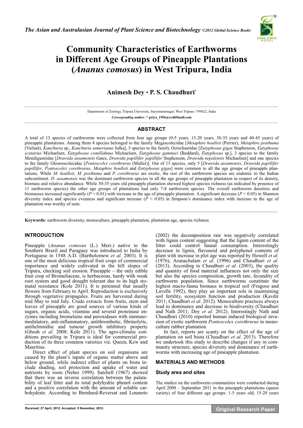 Community Characteristics of Earthworms in Different Age Groups of Pineapple Plantations (Ananus Comosus) in West Tripura, India