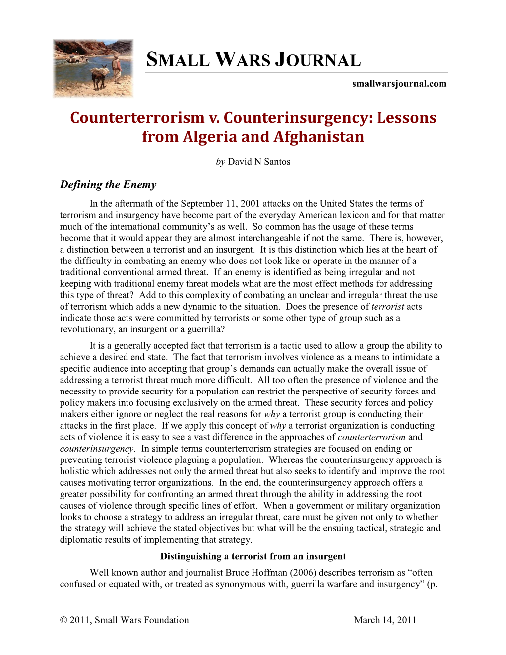 Counterterrorism V. Counterinsurgency: Lessons from Algeria and Afghanistan