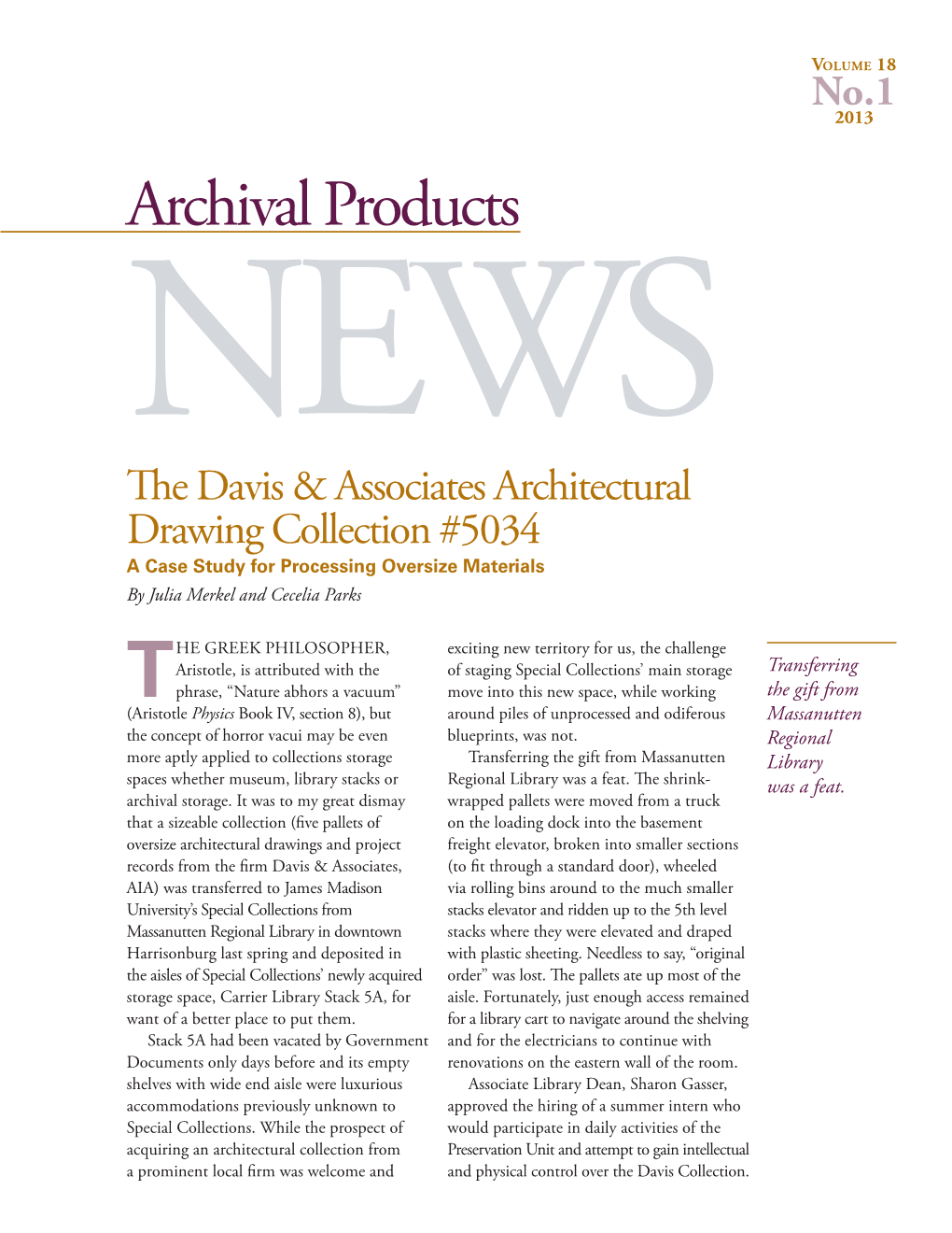 Archival Products NEWS Volume 18, No. 1