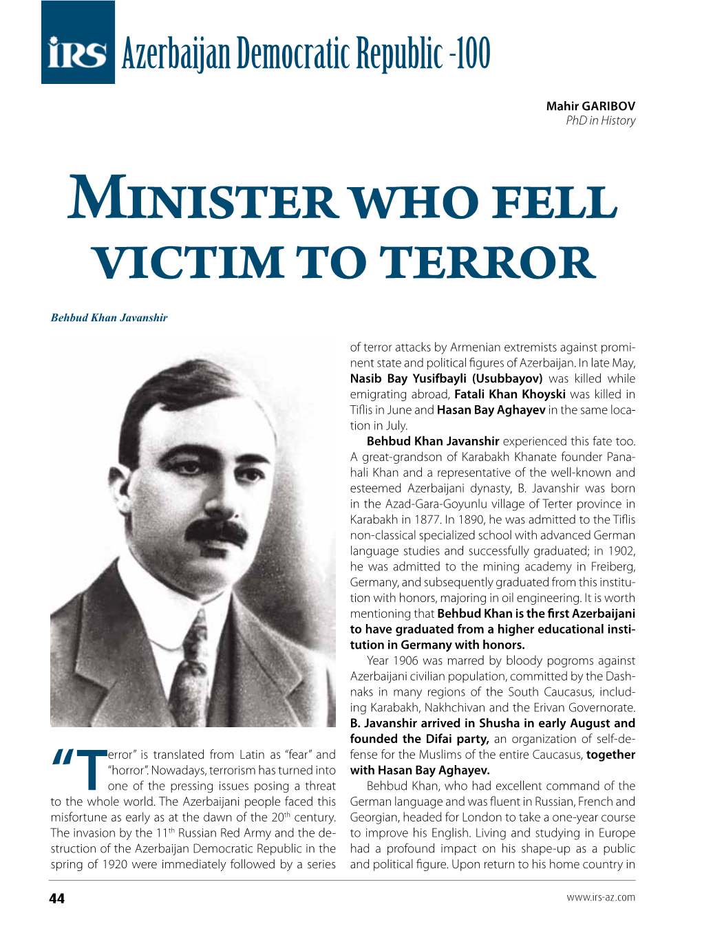 Minister Who Fell Victim to Terror Behbud Khan Javanshir