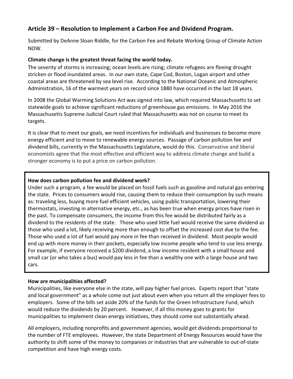 Article 39 – Resolution to Implement a Carbon Fee and Dividend Program