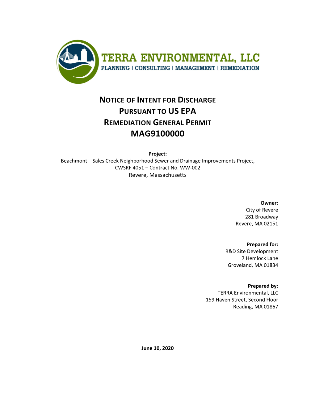 Notice of Intent for Discharge Pursuant to Us Epa Remediation General Permit Mag9100000