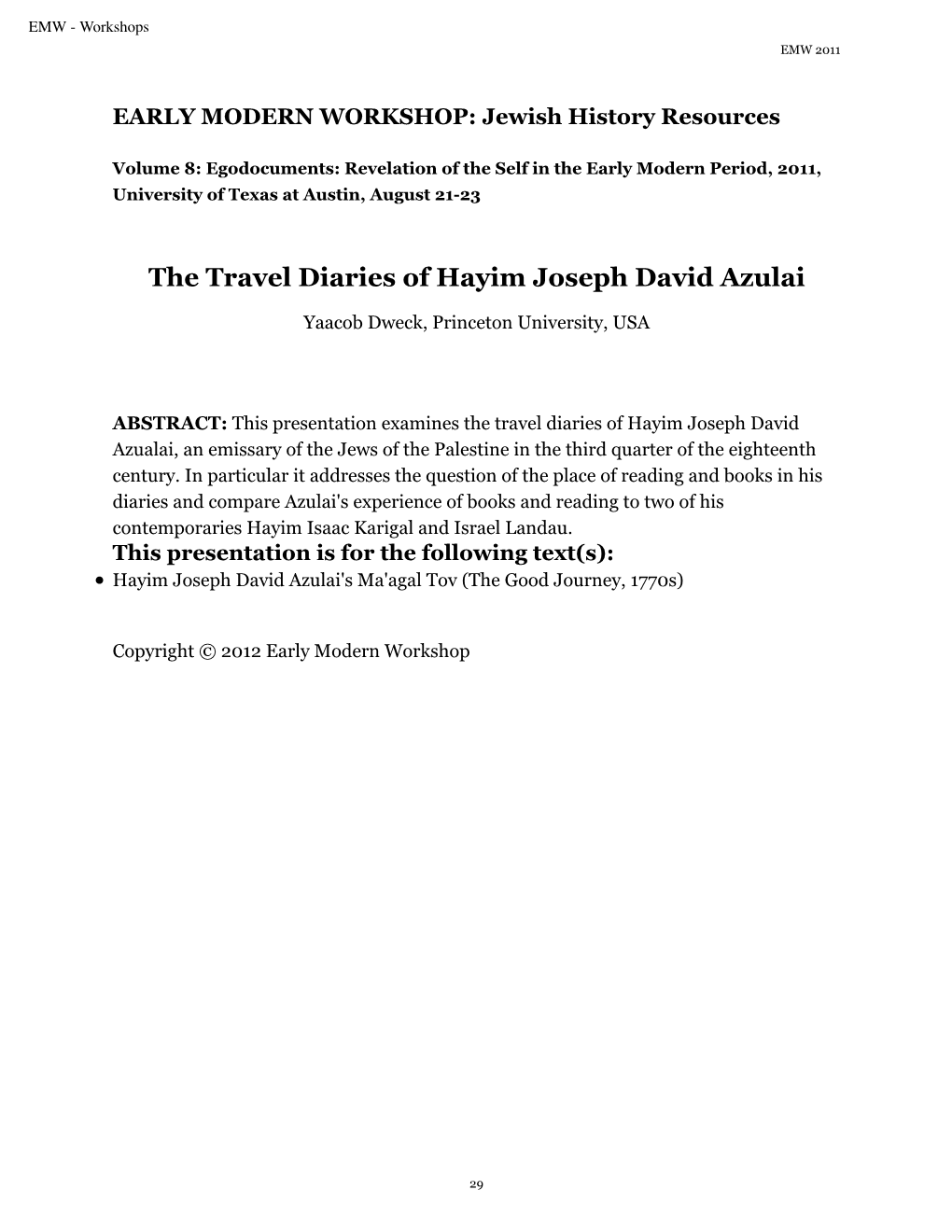 The Travel Diaries of Hayim Joseph David Azulai