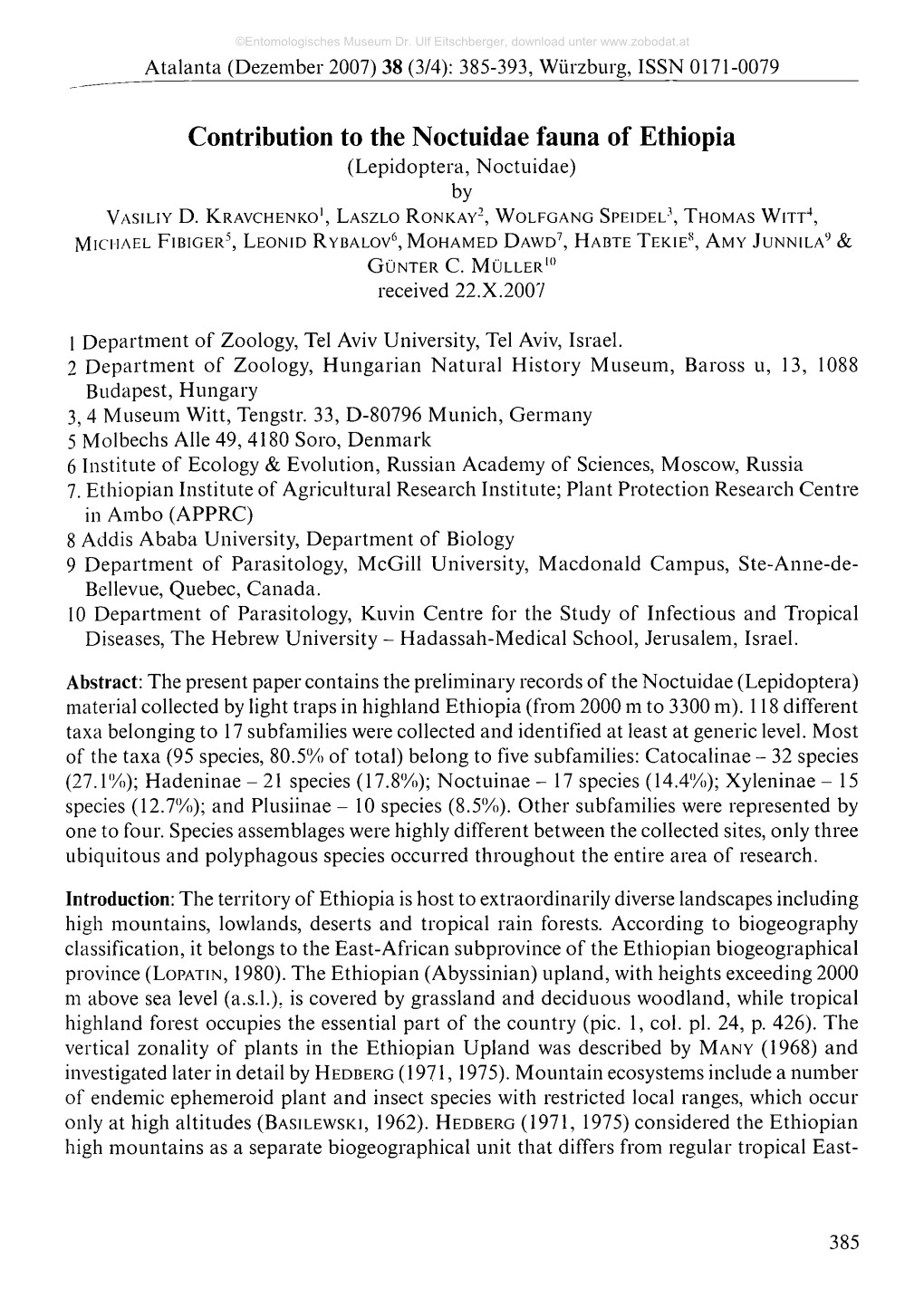 Contribution to the Noctuidae Fauna of Ethiopia (Lepidoptera, Noctuidae) by V Asiliy D