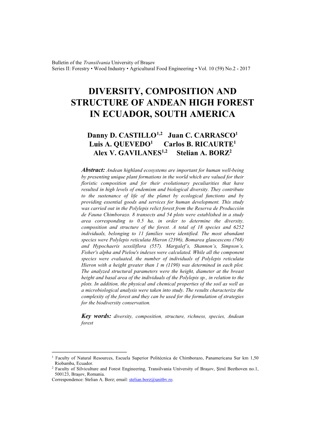 Diversity, Composition and Structure of Andean High Forest in Ecuador, South America