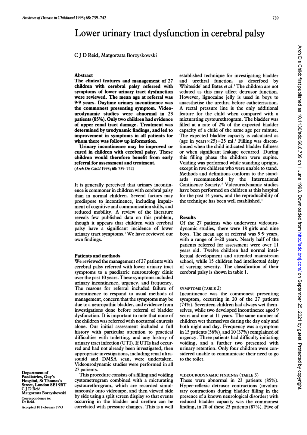 Lower Urinary Tract Dysfunction in Cerebral Palsy Arch Dis Child: First Published As 10.1136/Adc.68.6.739 on 1 June 1993