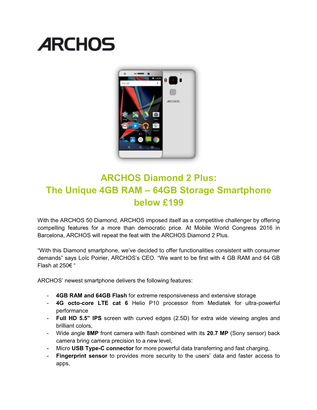 ARCHOS Diamond 2 Plus: the Unique 4GB RAM – 64GB Storage Smartphone Below £199