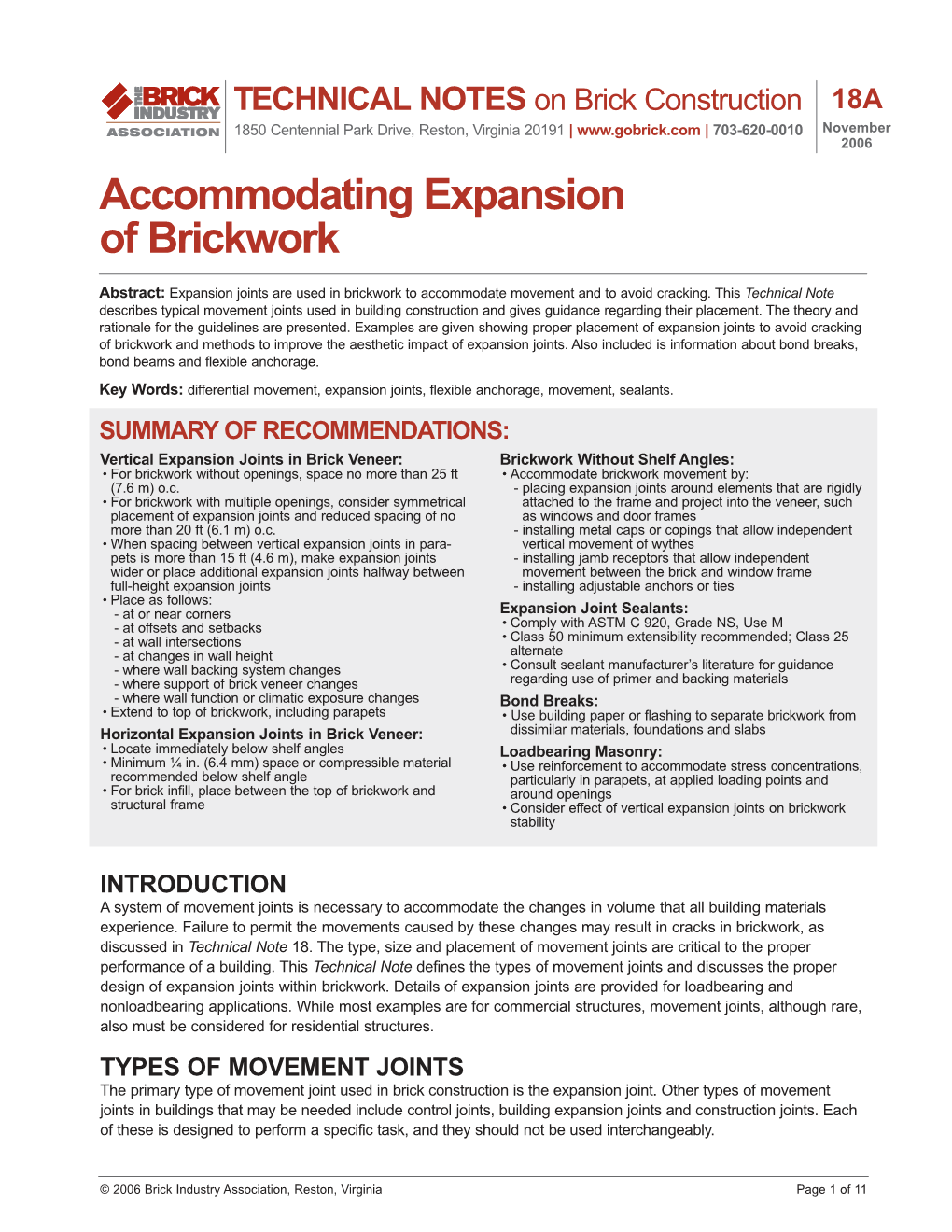 Accommodating Expansion of Brickwork