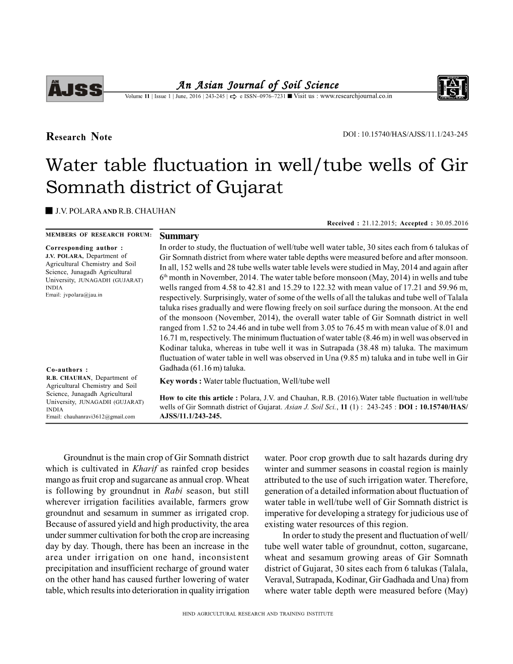Water Table Fluctuation in Well/Tube Wells of Gir Somnath District of Gujarat