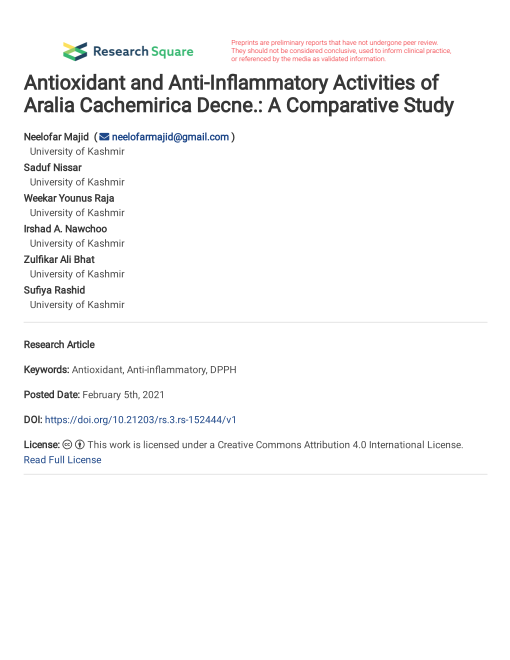 Antioxidant and Anti-Inflammatory Activities of Aralia Cachemirica Decne.: a Comparative Study