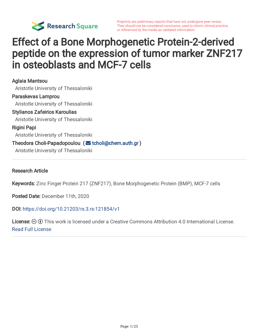 Effect of a Bone Morphogenetic Protein-2-Derived Peptide on the Expression of Tumor Marker ZNF217 in Osteoblasts and MCF-7 Cells