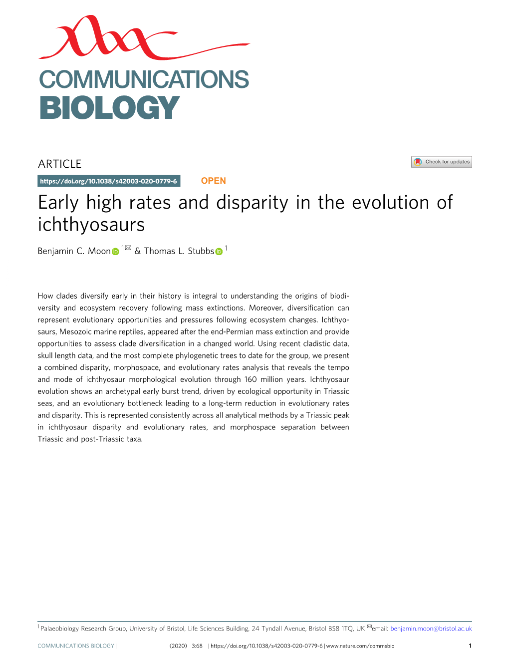 Early High Rates and Disparity in the Evolution of Ichthyosaurs ✉ Benjamin C