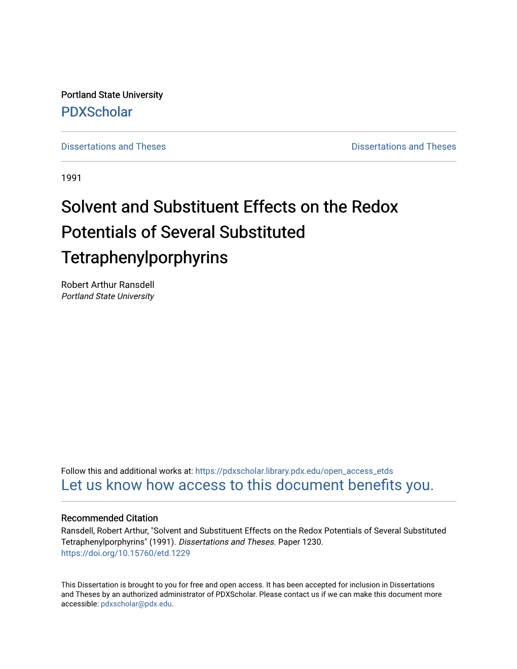 Solvent and Substituent Effects on the Redox Potentials of Several Substituted Tetraphenylporphyrins