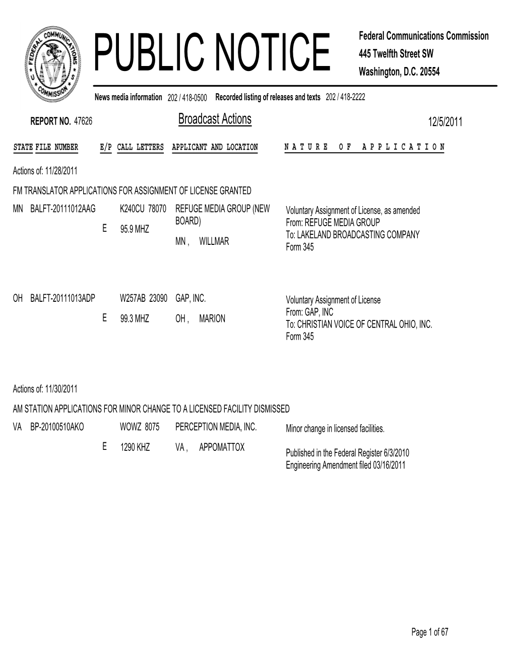 Broadcast Actions 12/5/2011