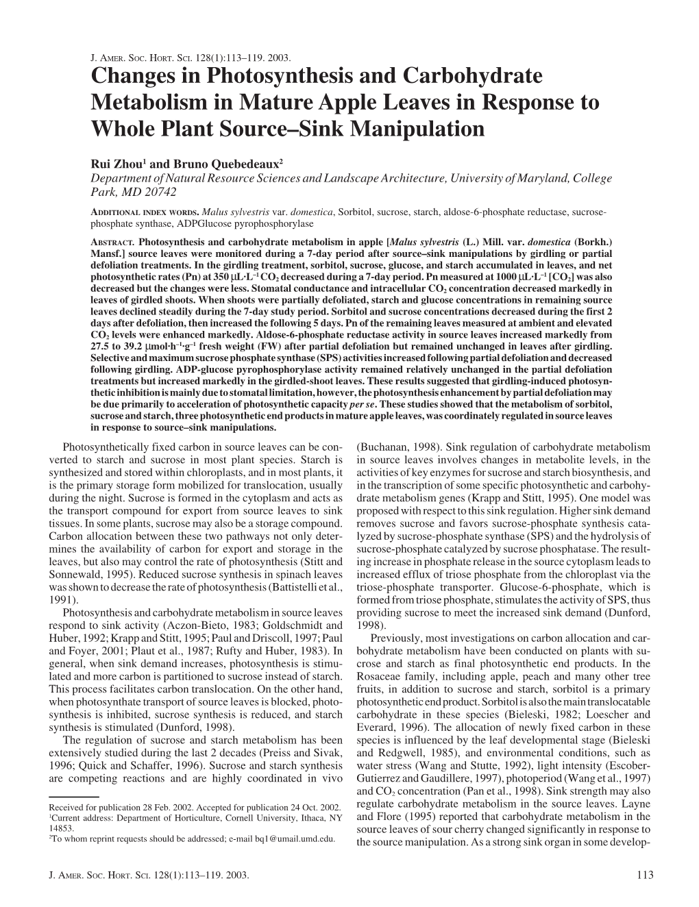 Changes in Photosynthesis and Carbohydrate Metabolism in Mature Apple Leaves in Response to Whole Plant Source–Sink Manipulation