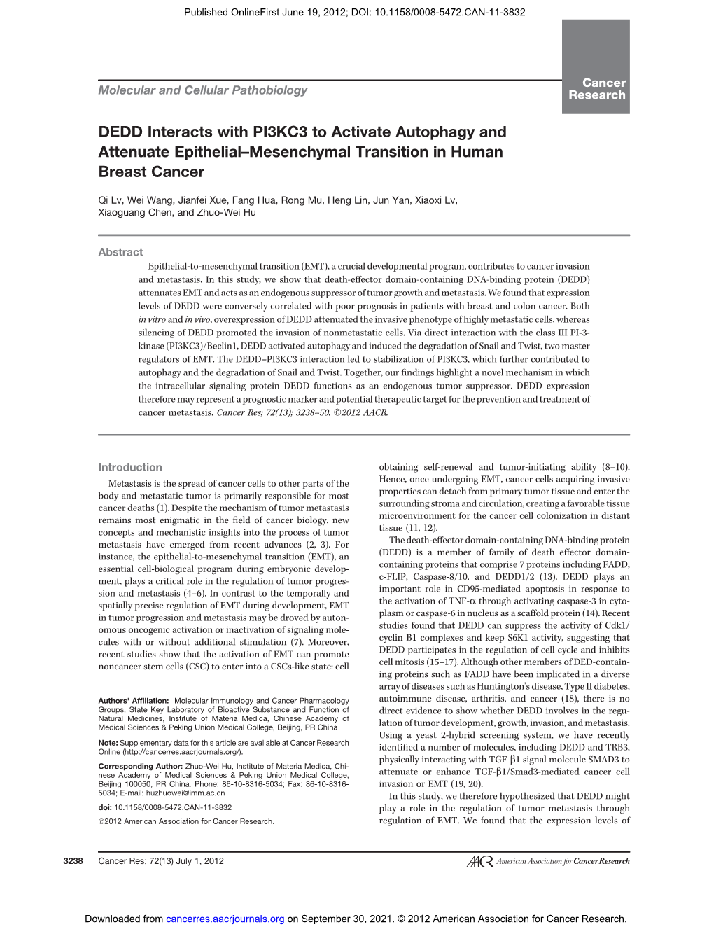 DEDD Interacts with PI3KC3 to Activate Autophagy and Attenuate Epithelial–Mesenchymal Transition in Human Breast Cancer