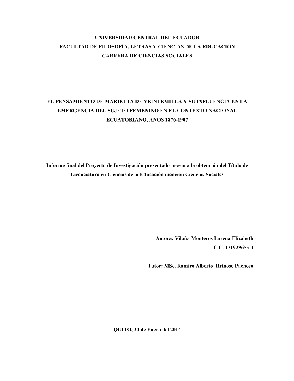 Marietta De Veintemilla Y Su Influencia En La Emergencia Del Sujeto Femenino En El Contexto Nacional Ecuatoriano, Años 1876-1907