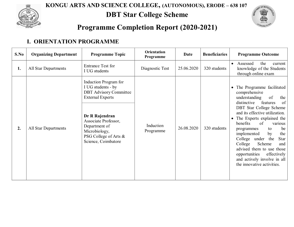 DBT Star College Scheme Programme Completion Report