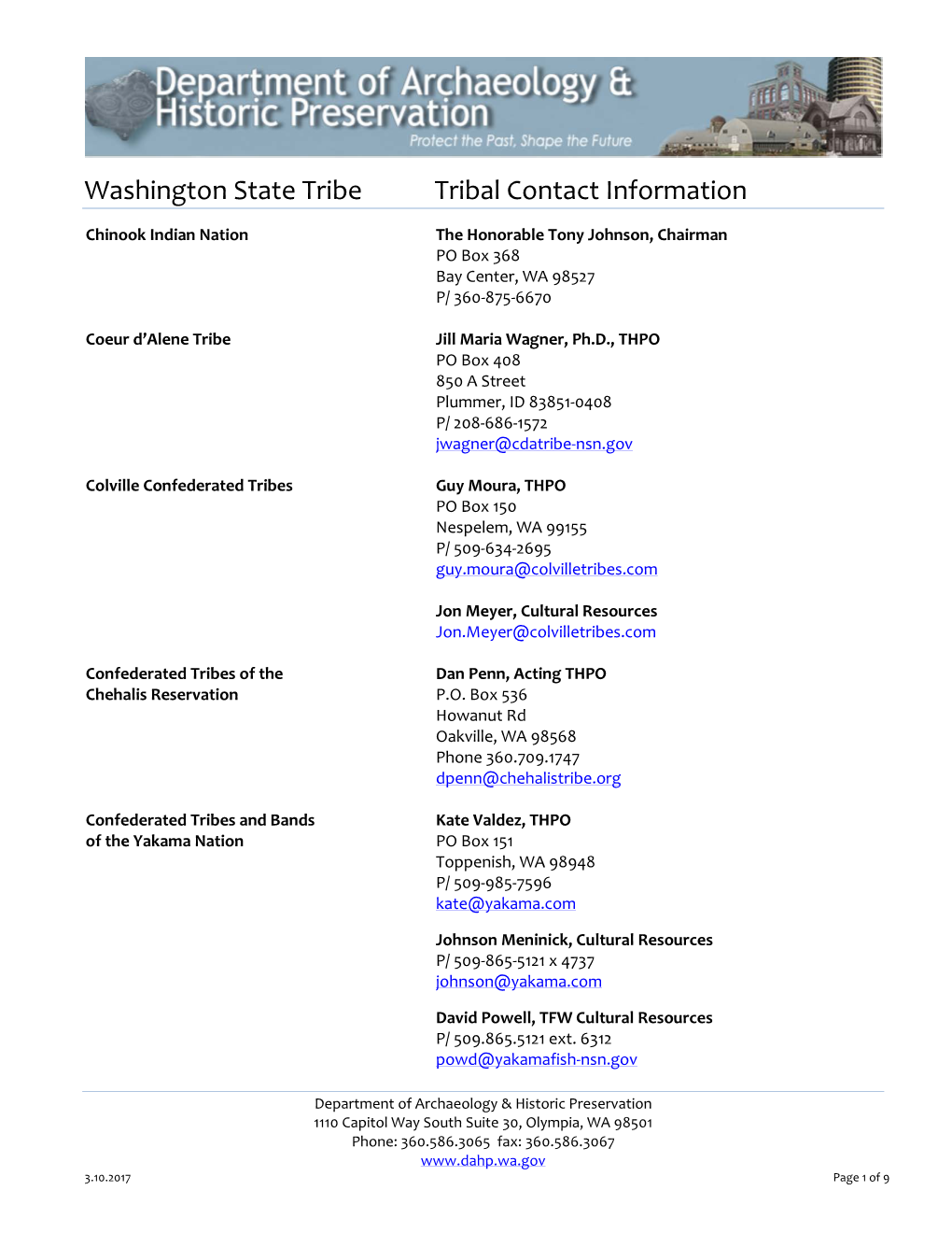 Washington State Tribe Tribal Contact Information