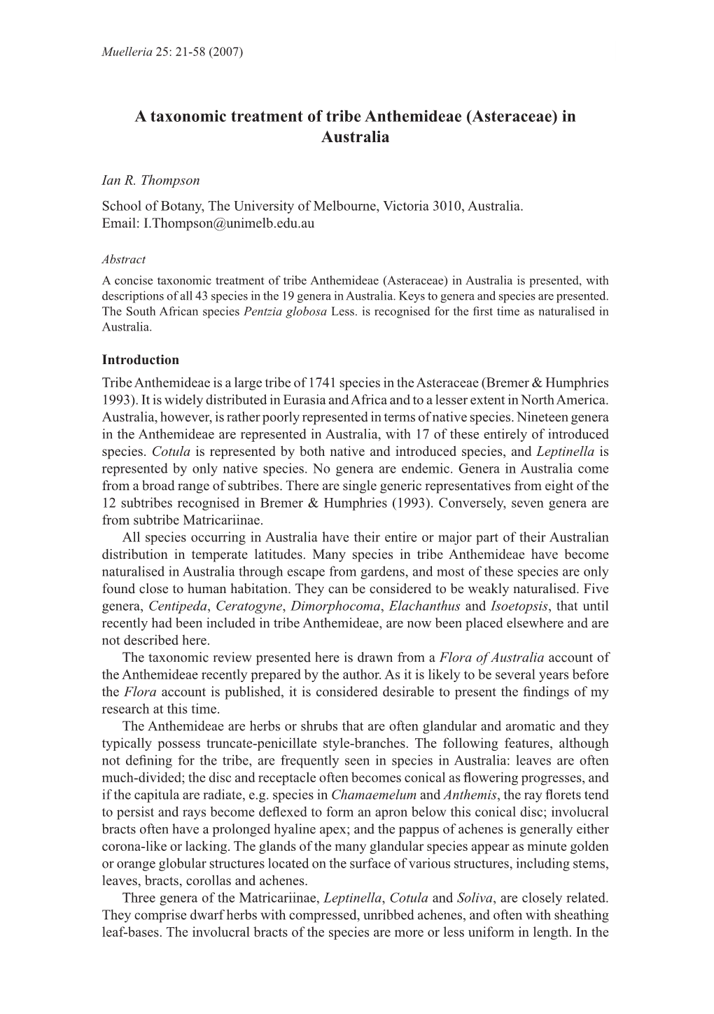 A Taxonomic Treatment of Tribe Anthemideae (Asteraceae) in Australia