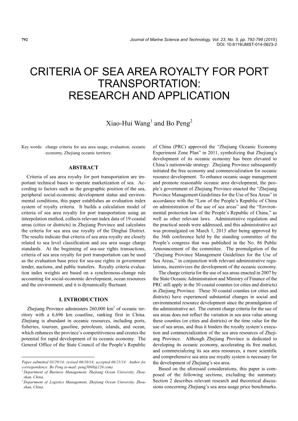 Criteria of Sea Area Royalty for Port Transportation: Research and Application