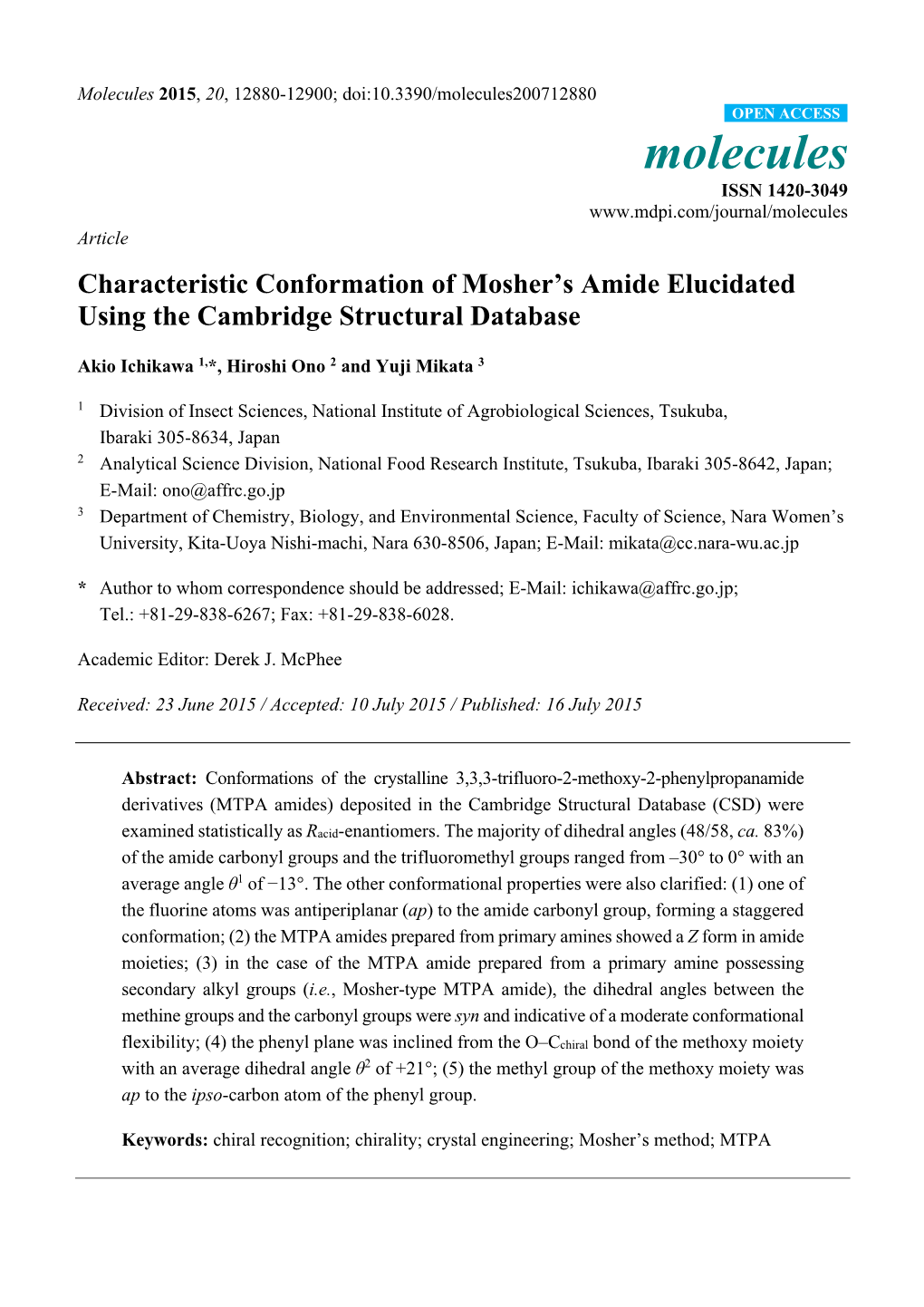 Characteristic Conformation of Mosher's Amide Elucidated Using