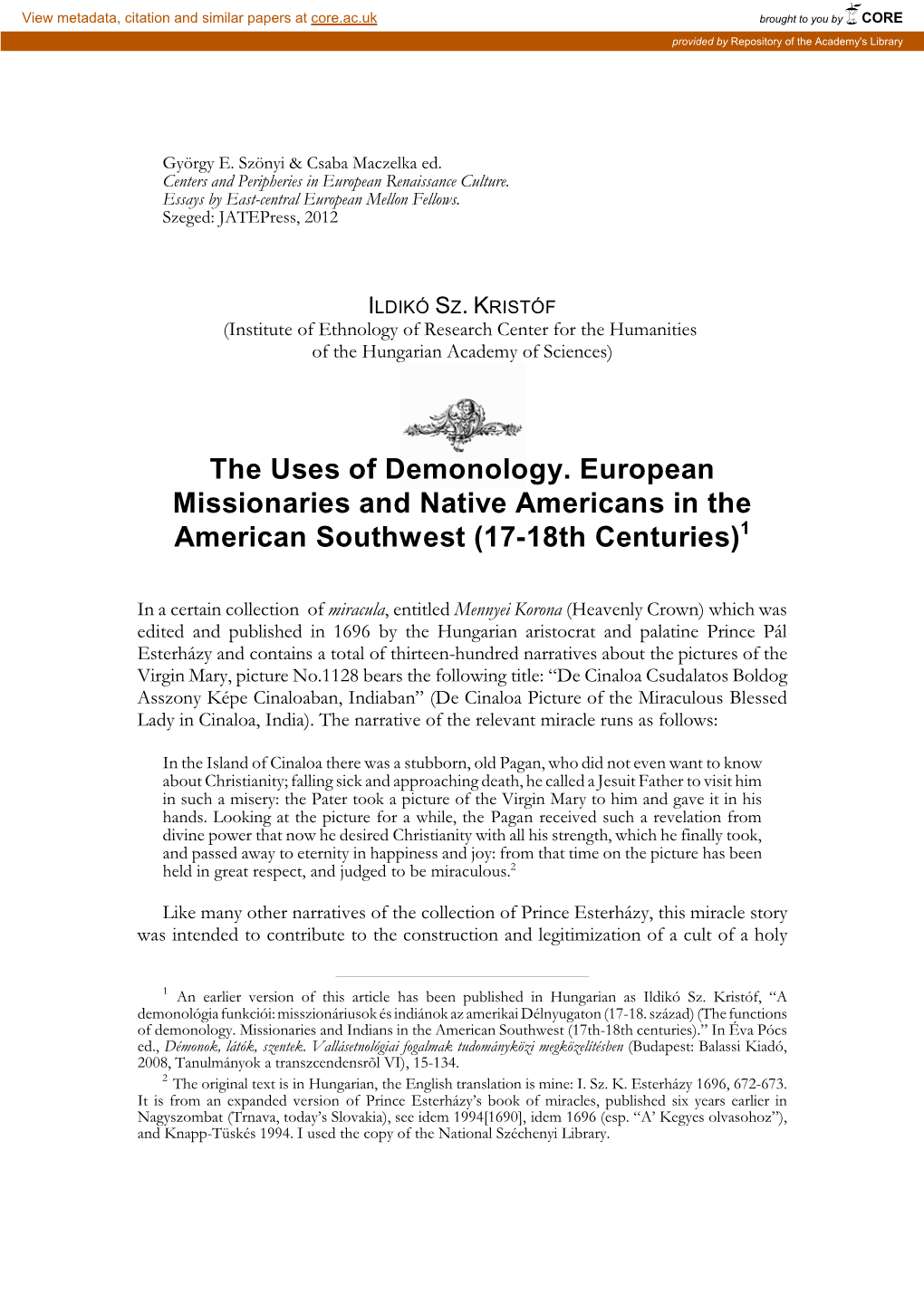The Uses of Demonology. European Missionaries and Native Americans in the American Southwest (17-18Th Centuries)1