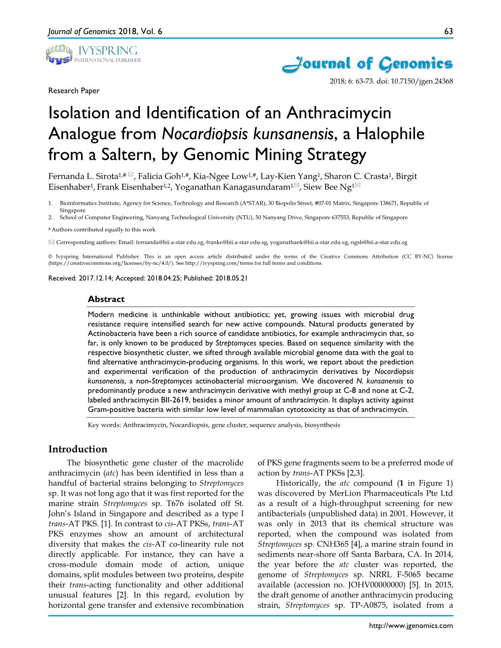 Journal of Genomics Isolation and Identification of an Anthracimycin
