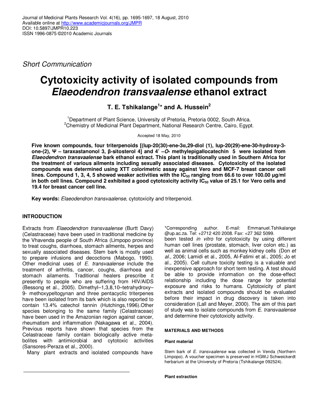 Cytotoxicity Activity of Isolated Compounds from Elaeodendron Transvaalense Ethanol Extract