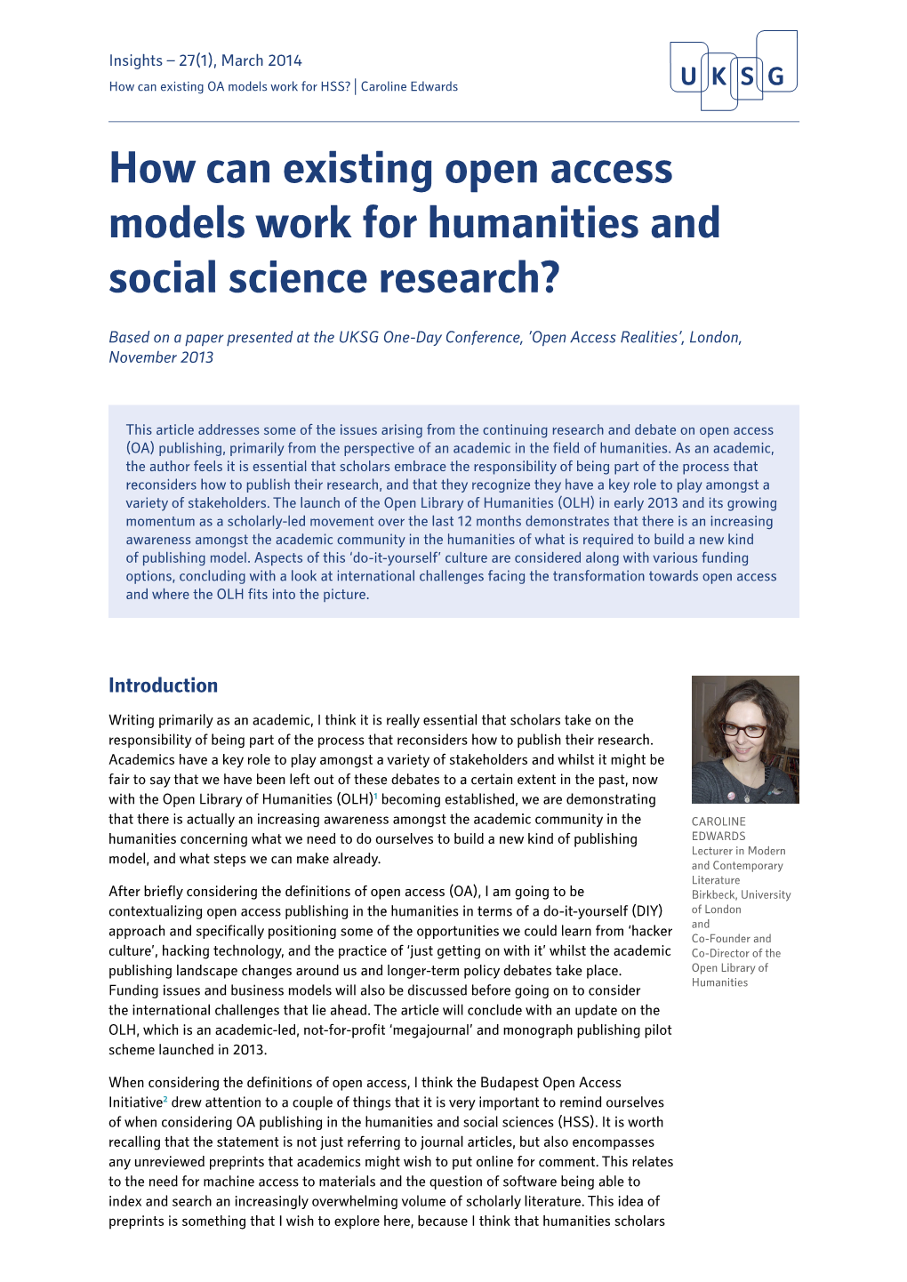 How Can Existing Open Access Models Work for Humanities and Social Science Research?