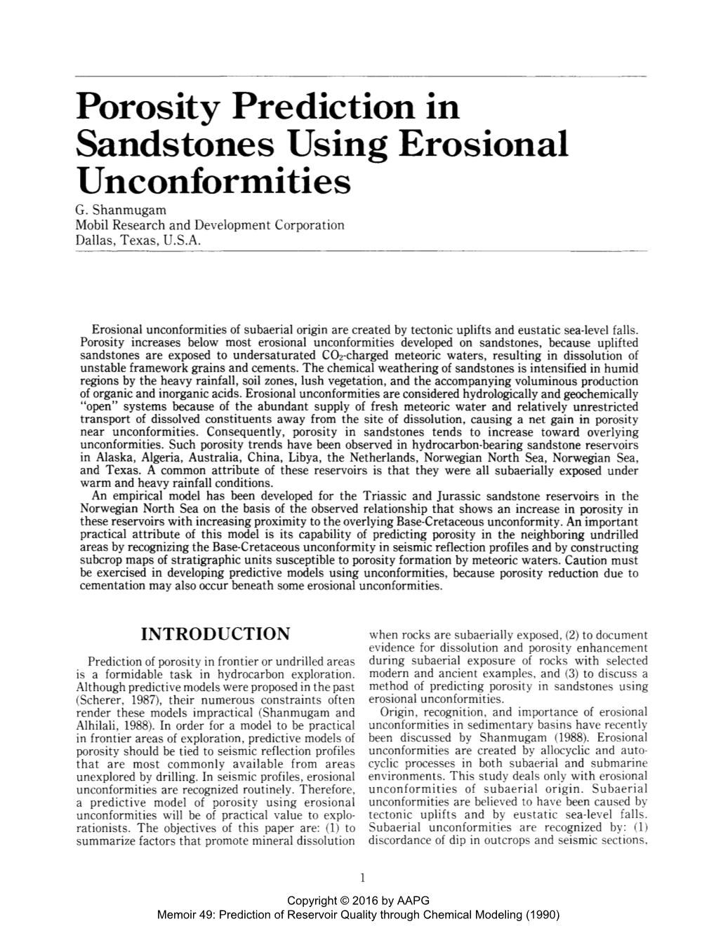 Porosity Prediction in Sandstones Using Erosional Unconformities G
