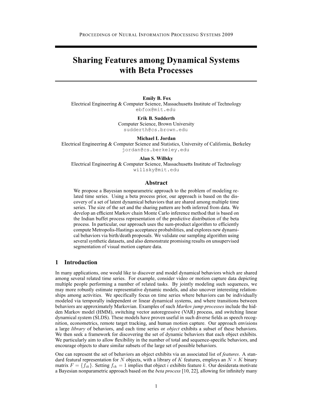 Sharing Features Among Dynamical Systems with Beta Processes