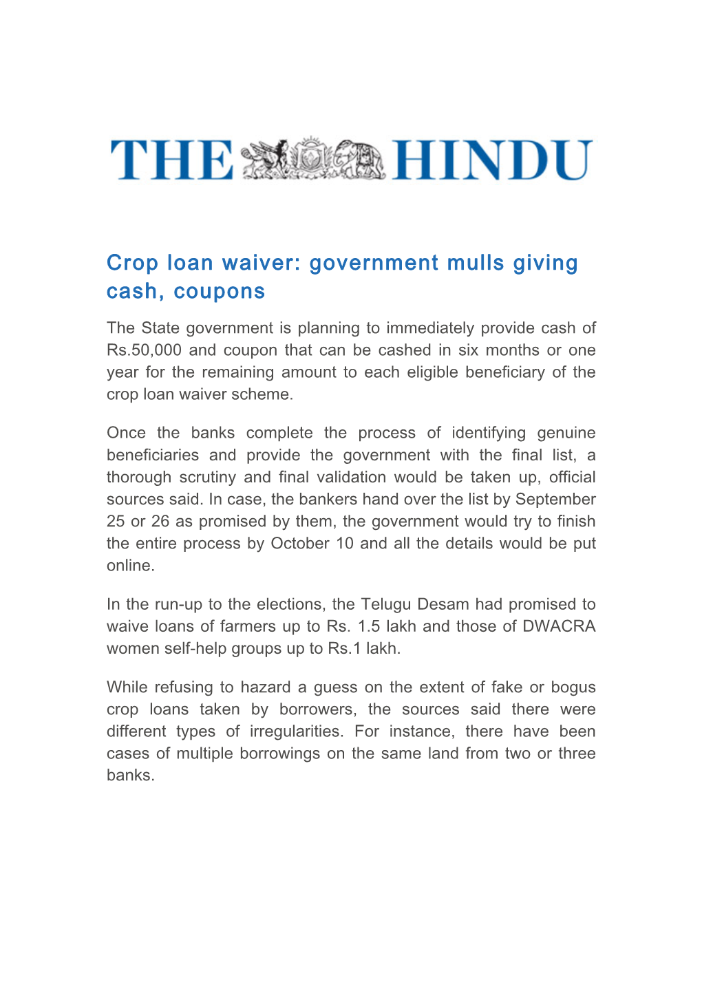 Crop Loan Waiver: Government Mulls Giving Cash, Coupons