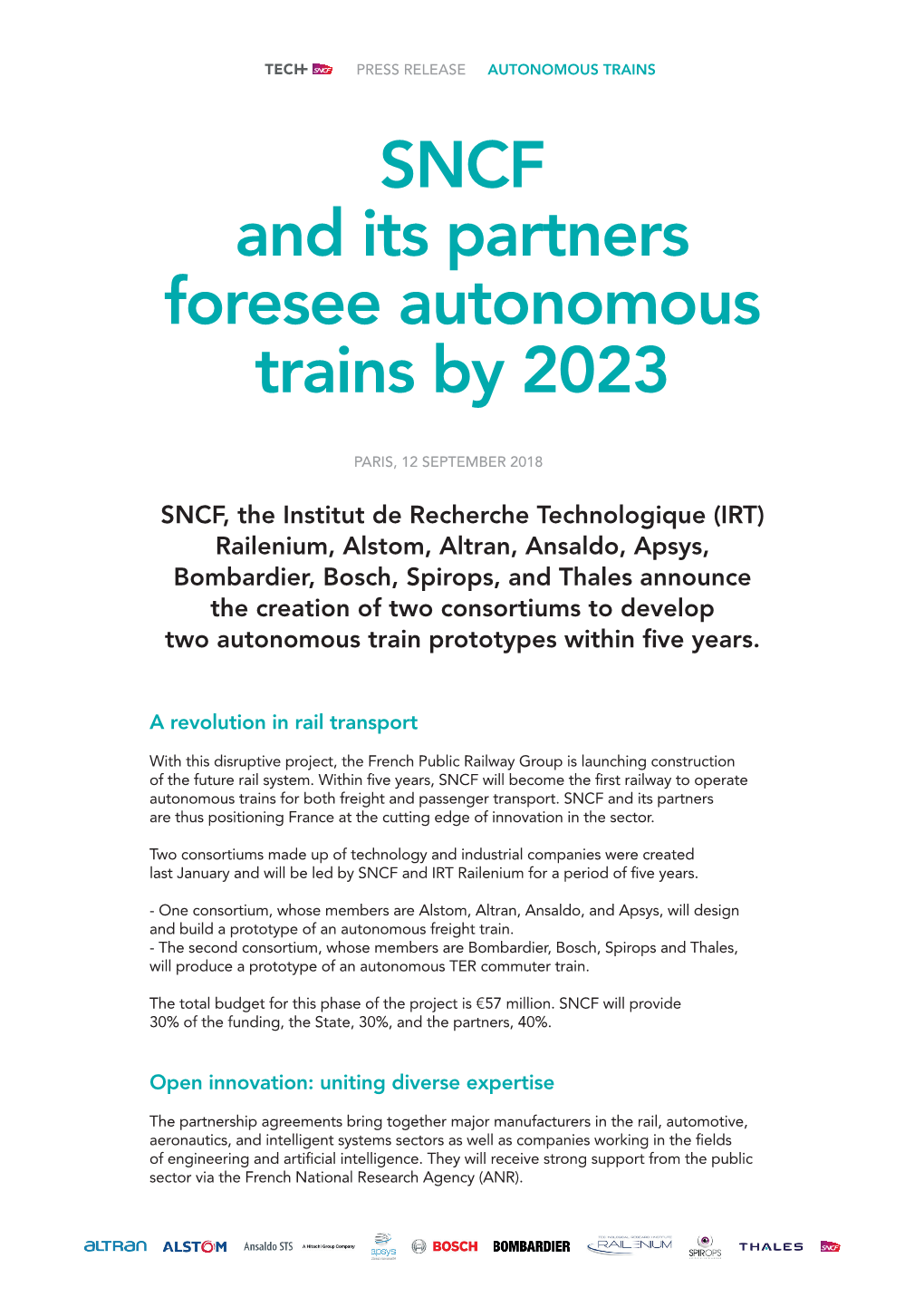 SNCF and Its Partners Foresee Autonomous Trains by 2023