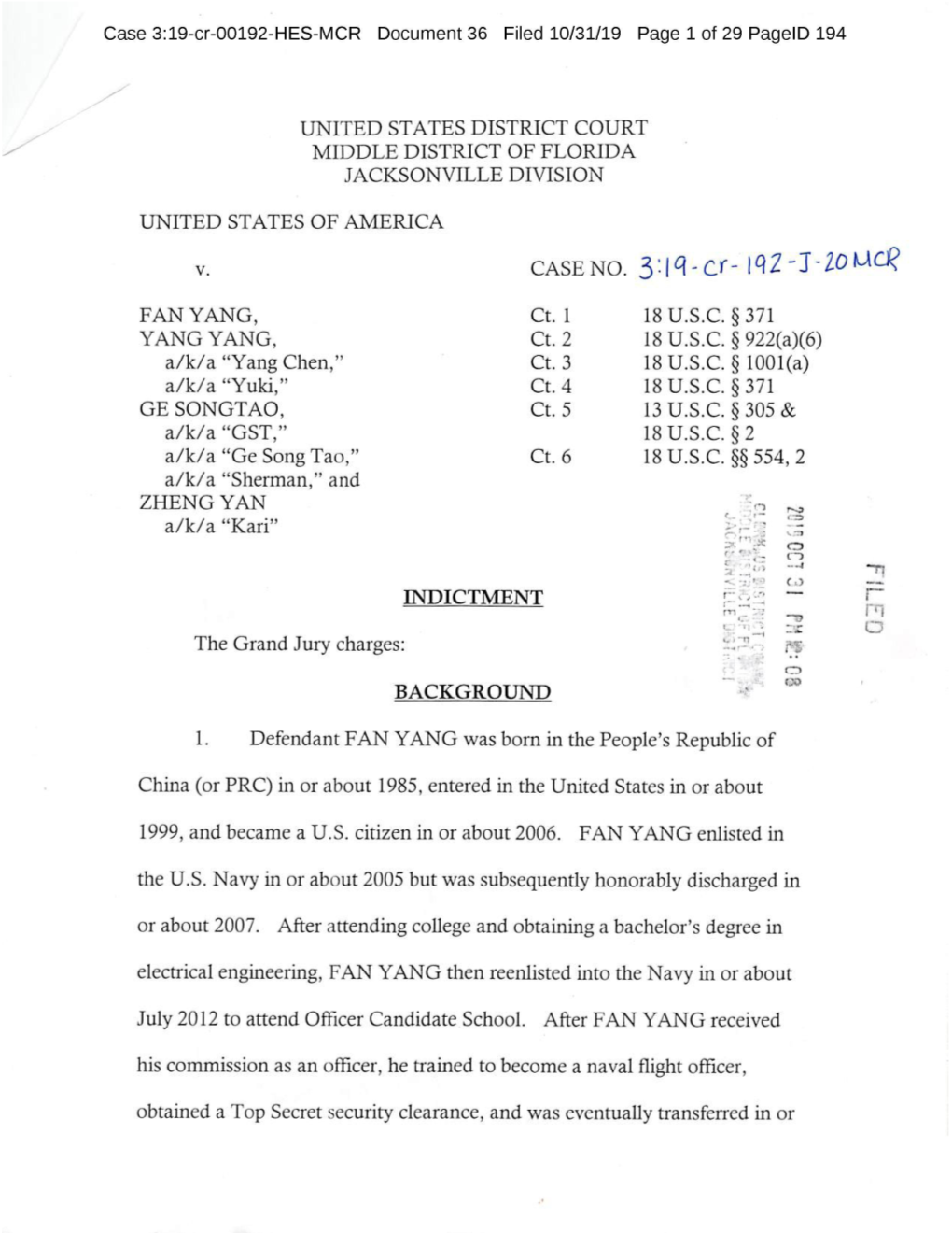 Case 3:19-Cr-00192-HES-MCR Document 36 Filed 10/31/19 Page 1 of 29 Pageld 194