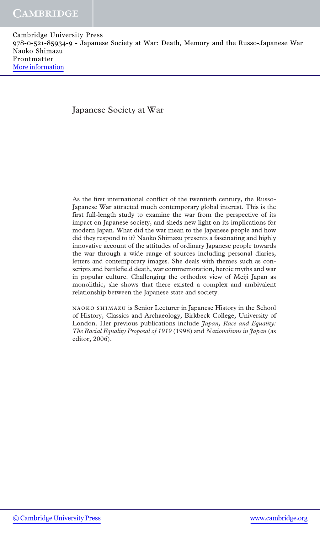 Japanese Society at War: Death, Memory and the Russo-Japanese War Naoko Shimazu Frontmatter More Information