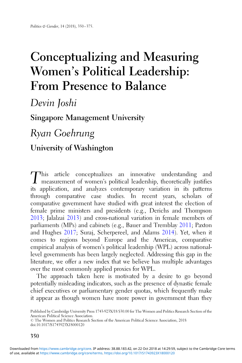 Conceptualizing and Measuring Women's Political Leadership