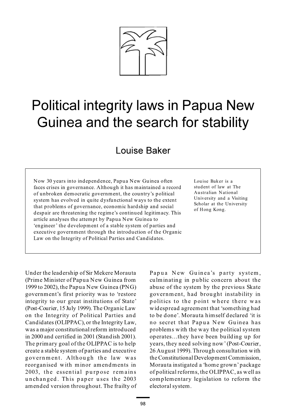 Political Integrity Laws in Papua New Guinea and the Search for Stability
