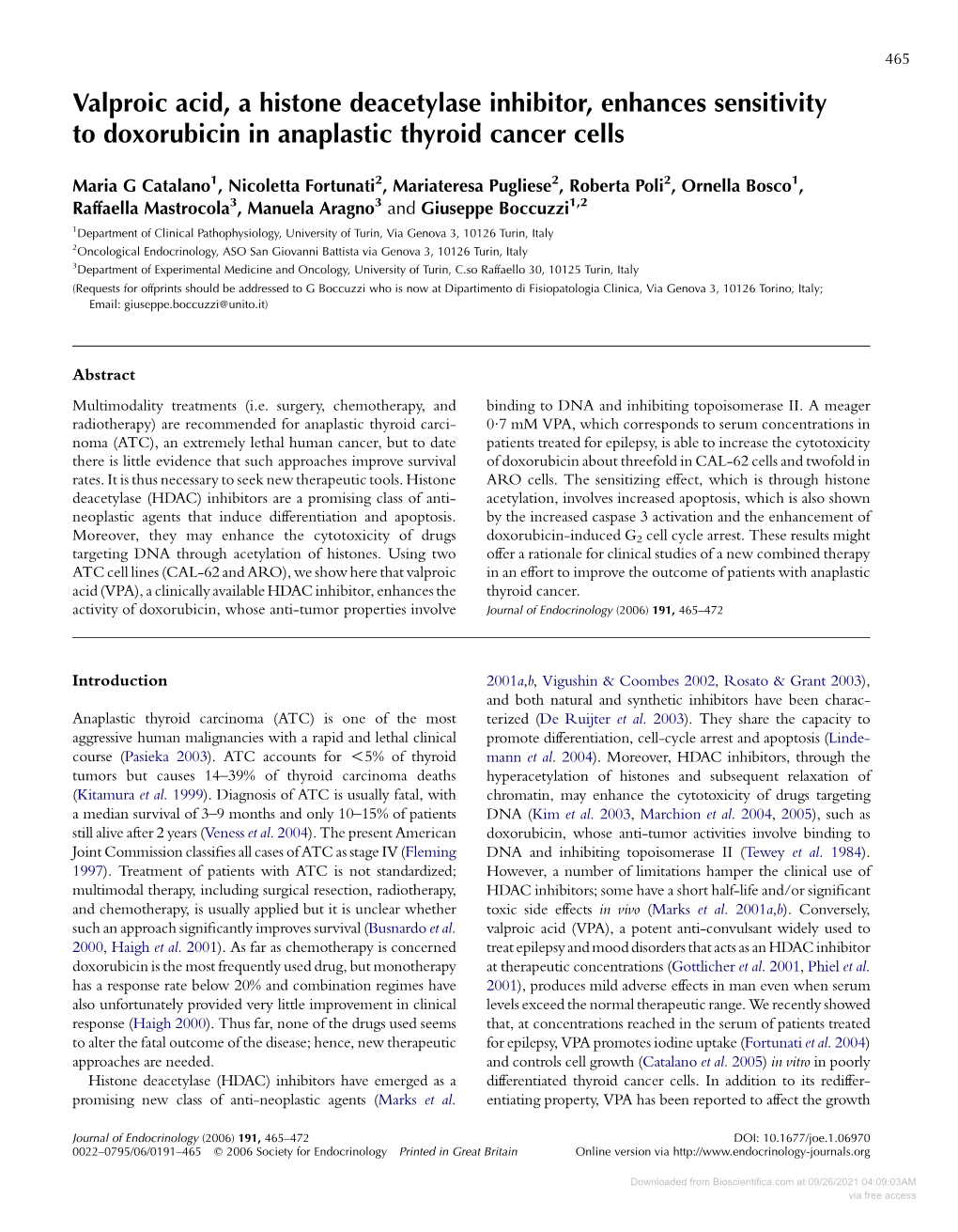 Valproic Acid, a Histone Deacetylase Inhibitor, Enhances Sensitivity to Doxorubicin in Anaplastic Thyroid Cancer Cells