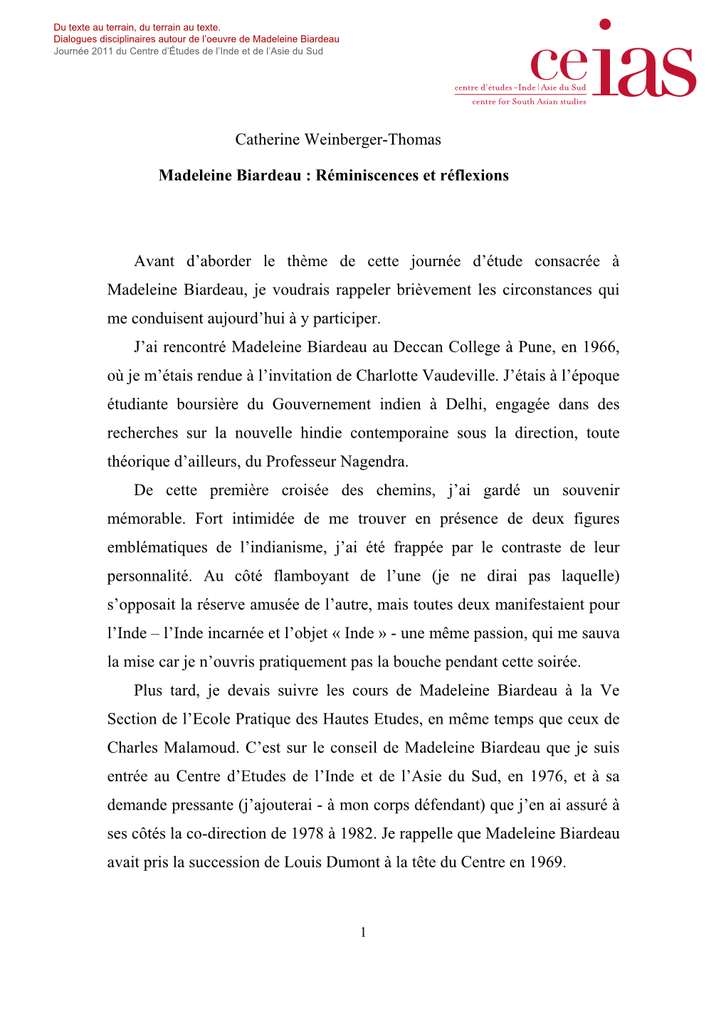 Madeleine Biardeau Journée 2011 Du Centre D’Études De L’Inde Et De L’Asie Du Sud