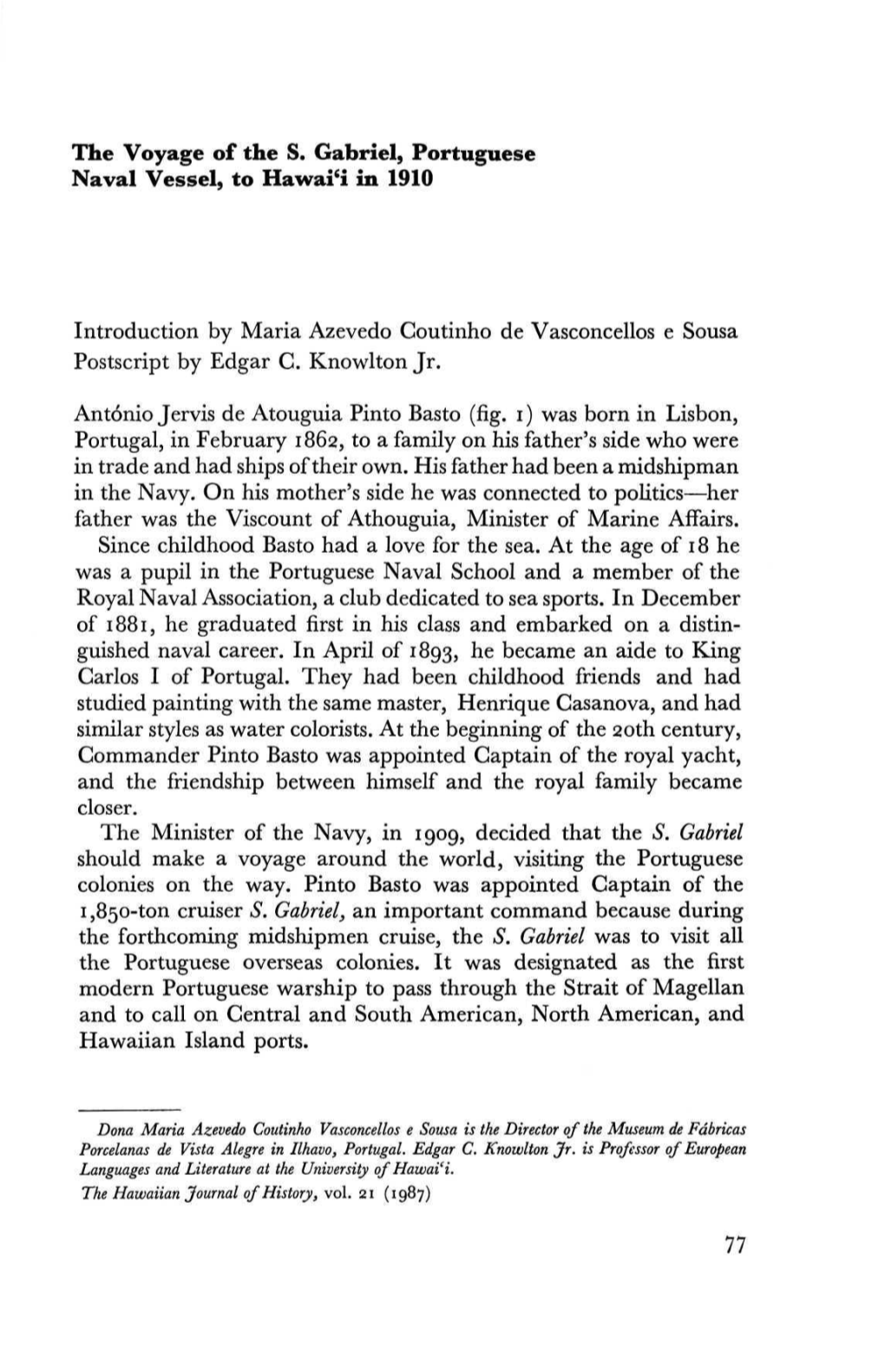 The Voyage of the S. Gabriel, Portuguese Naval Vessel, to Hawai'i in 1910