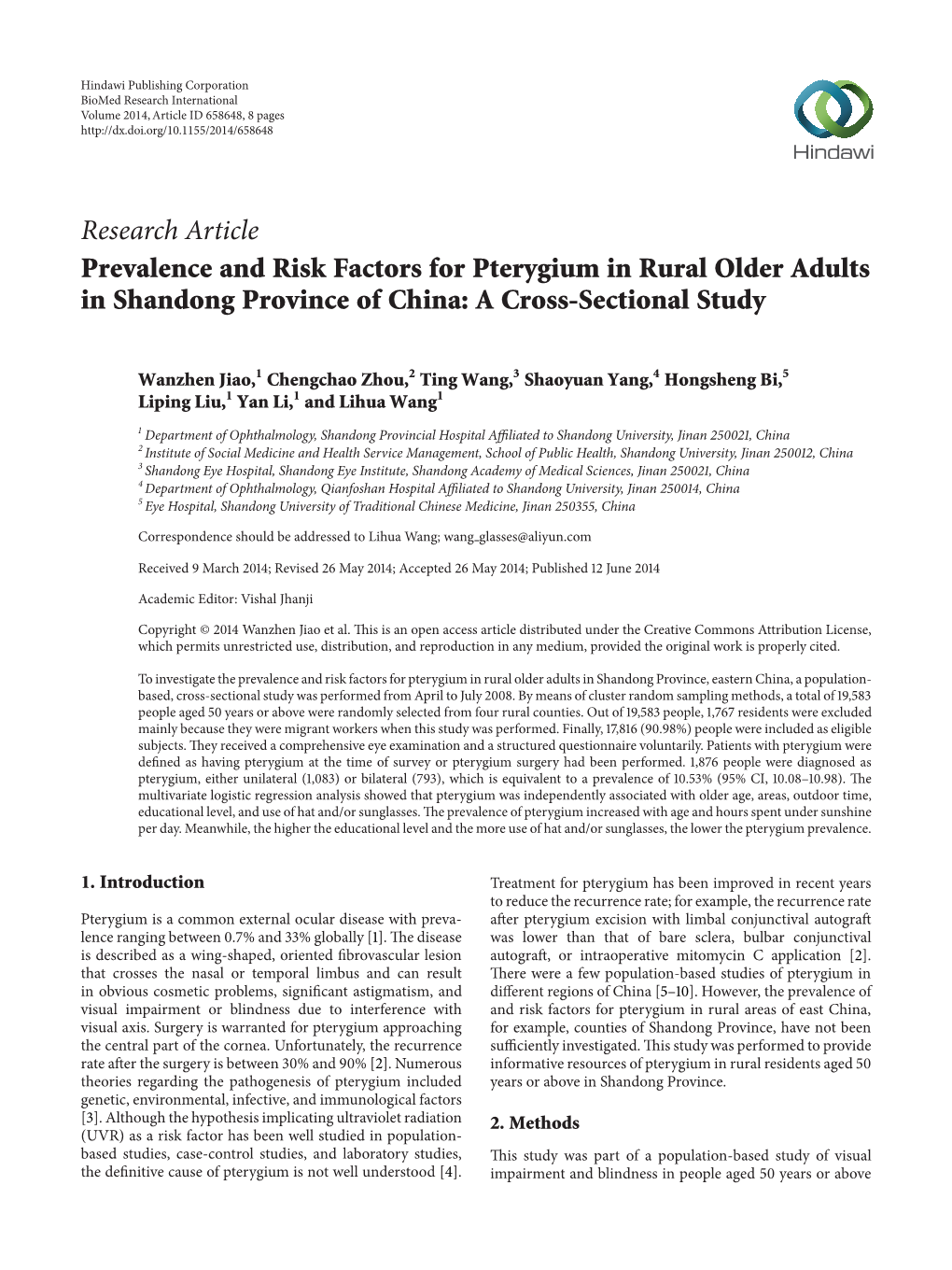 Research Article Prevalence and Risk Factors for Pterygium in Rural Older Adults in Shandong Province of China: a Cross-Sectional Study