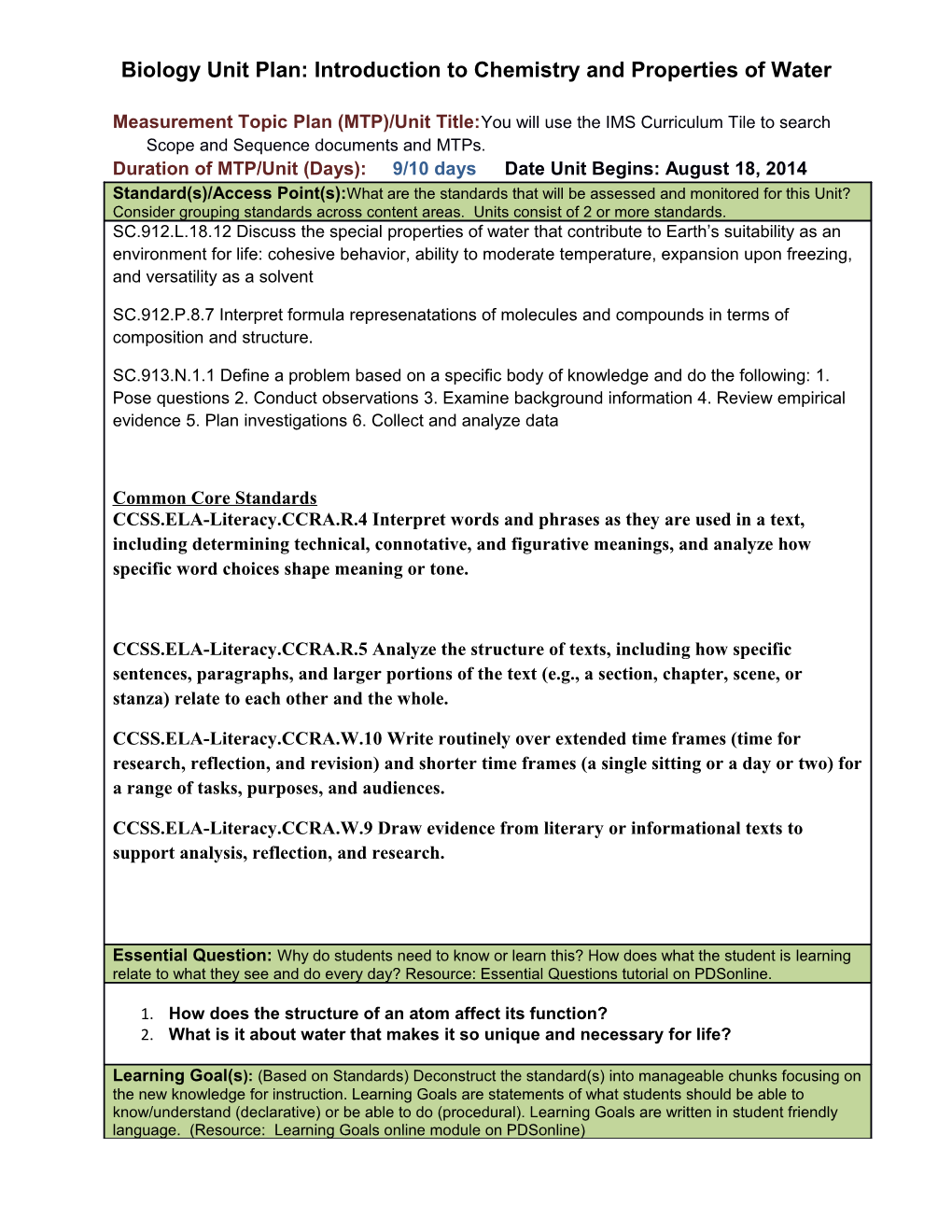 Biology Unit Plan: Introduction to Chemistry and Properties of Water