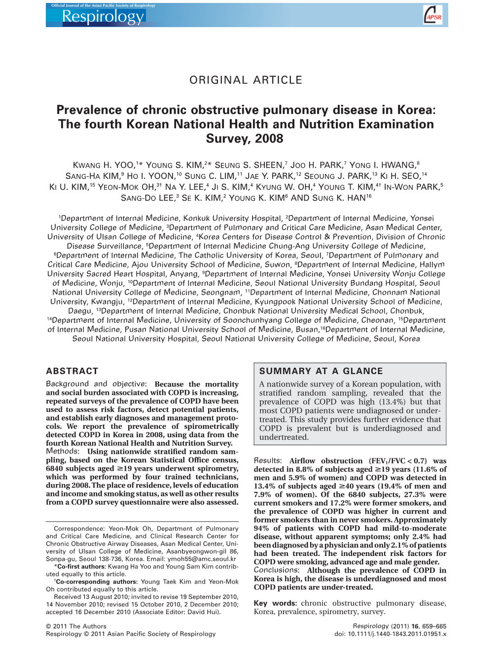 Prevalence of Chronic Obstructive Pulmonary Disease in Korea: the Fourth Korean National Health and Nutrition Examination