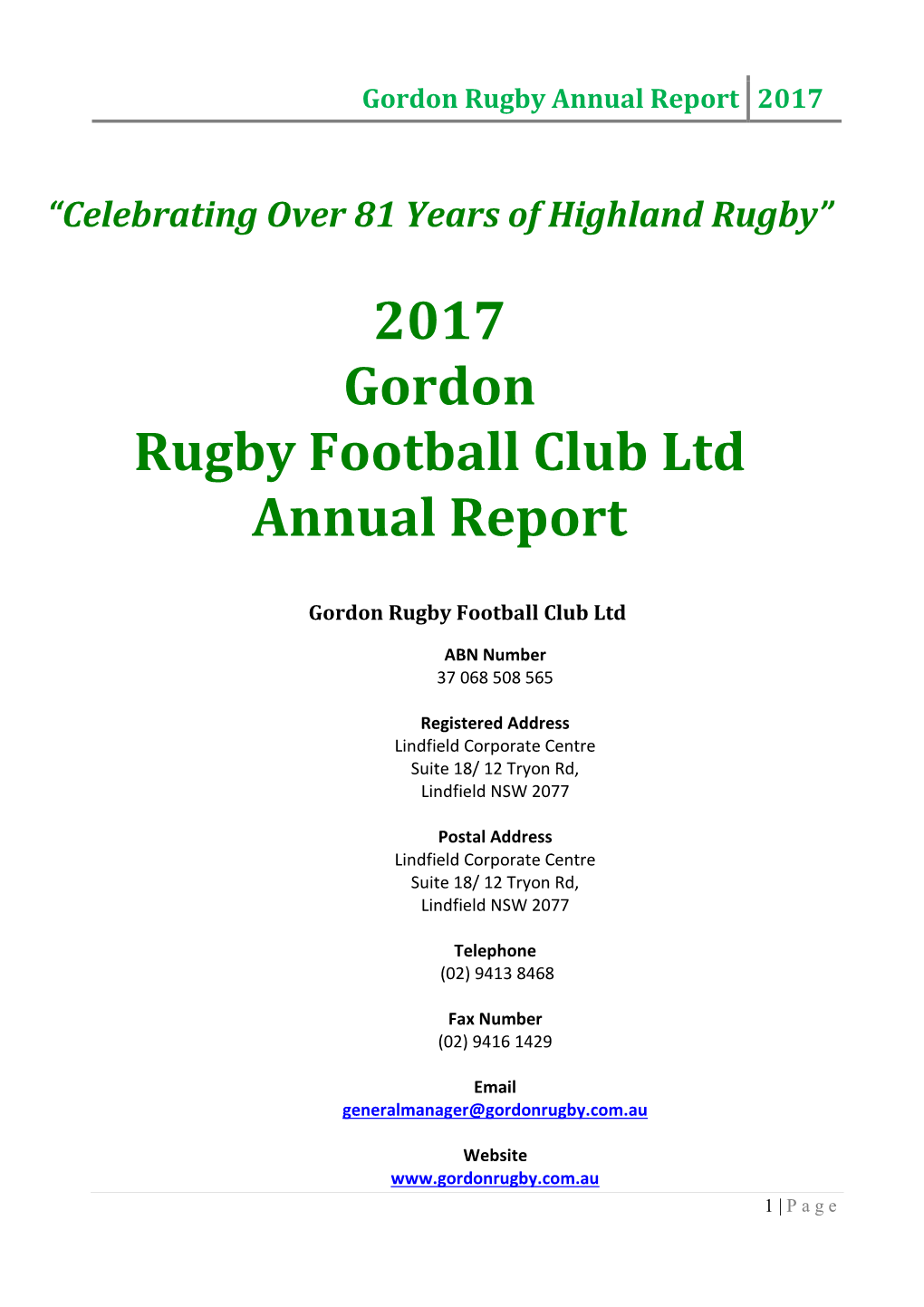 2017 Gordon Rugby Football Club Ltd Annual Report