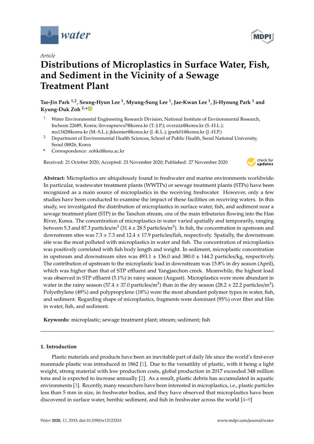 Distributions of Microplastics in Surface Water, Fish, and Sediment in the Vicinity of a Sewage Treatment Plant