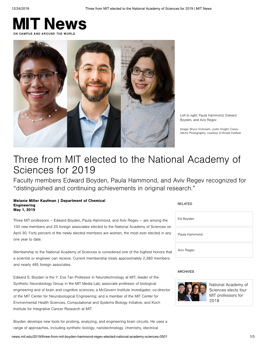 Three from MIT Elected to the National Academy of Sciences for 2019 | MIT News