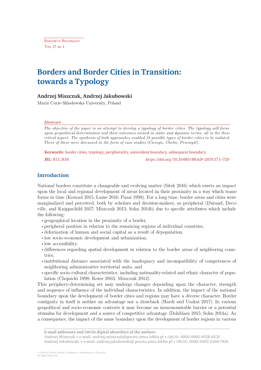 Borders and Border Cities in Transition: Towards a Typology