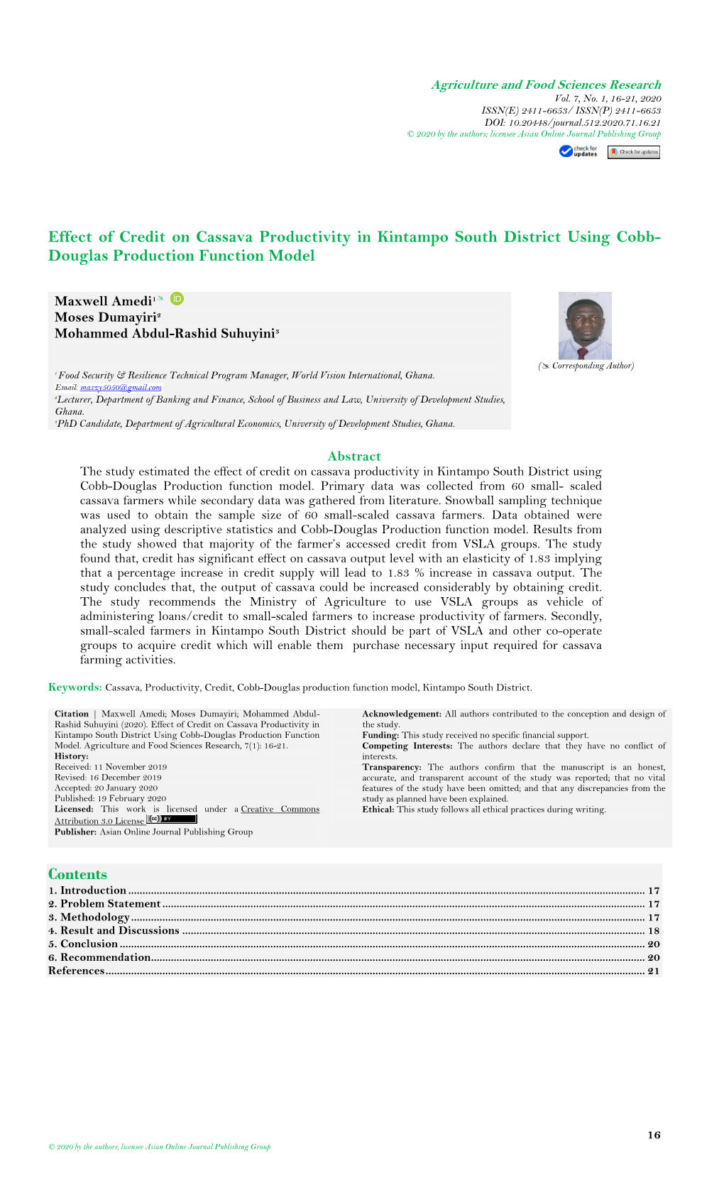 Effect of Credit on Cassava Productivity in Kintampo South District Using Cobb- Douglas Production Function Model