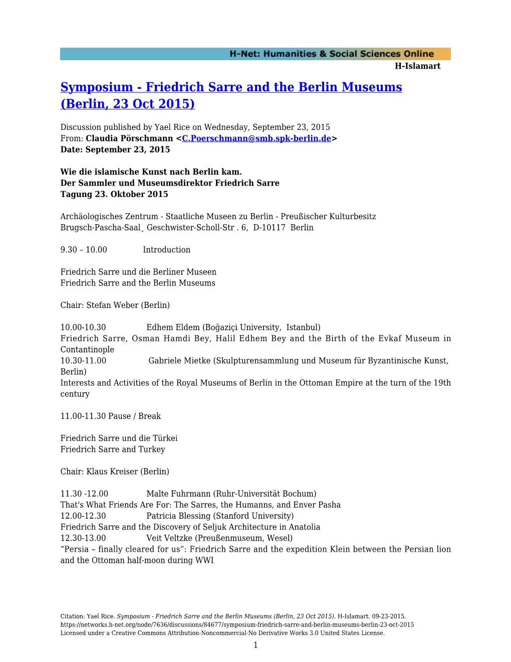 Friedrich Sarre and the Berlin Museums (Berlin, 23 Oct 2015)